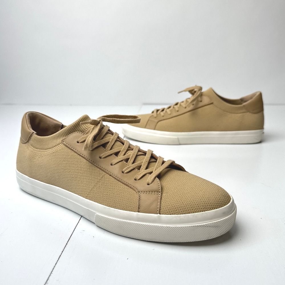 Vince Fulton Tan Knit Low Top Sneakers Mens Size 11 Beige Leather Trim Shoes